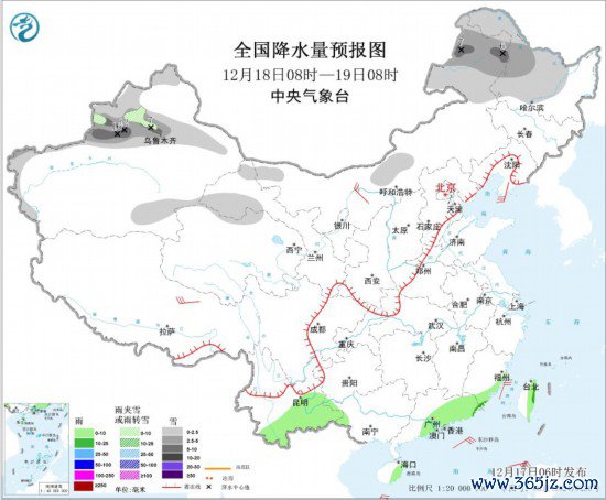 天下降水量预告图(12月18日08时-19日08时)