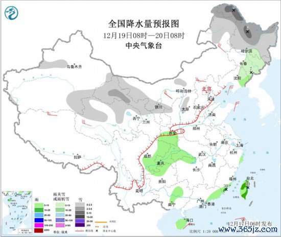 天下降水量预告图(12月19日08时-20日08时)