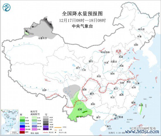 天下降水量预告图(12月17日08时-18日08时)